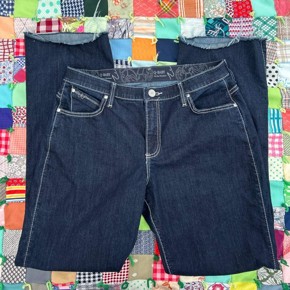 Wrangler Q-Baby Bootcut Jeans No Gap Waistband Dark Wash Raw Hem 13/14x36